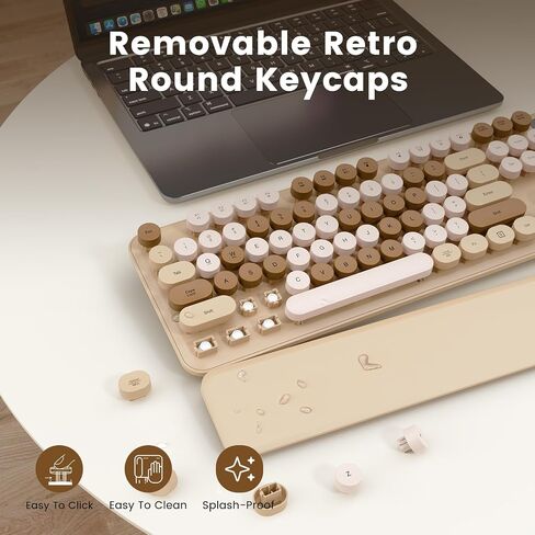 Wireless Keyboard, Round Keycaps, Retro Typewriter Keyboard with Detachable Wrist Rest, Sleep Mode, Foldable Legs, 2.4GHz Full-Size Cordless Computer Keyboard for Windows/PC/Laptop (Latte) in Kuwait