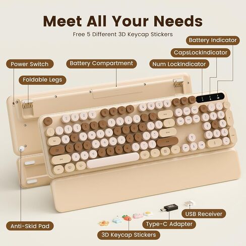 Wireless Keyboard, Round Keycaps, Retro Typewriter Keyboard with Detachable Wrist Rest, Sleep Mode, Foldable Legs, 2.4GHz Full-Size Cordless Computer Keyboard for Windows/PC/Laptop (Latte) in Kuwait
