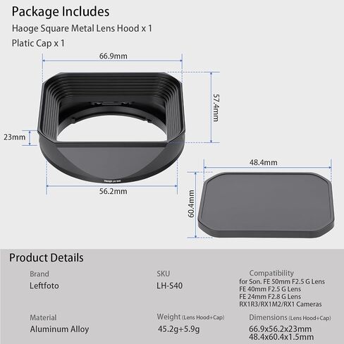 Haoge Metal Square Lens Hood for Sony RX1R3/RX1M2/RX1 FE 40mm F2.5 G FE 50mm F2.5 G FE24mm F2.8 G Lens Shade on A7CII A7CR A7R4 Camera Bayonet Mount with Cap in Kuwait
