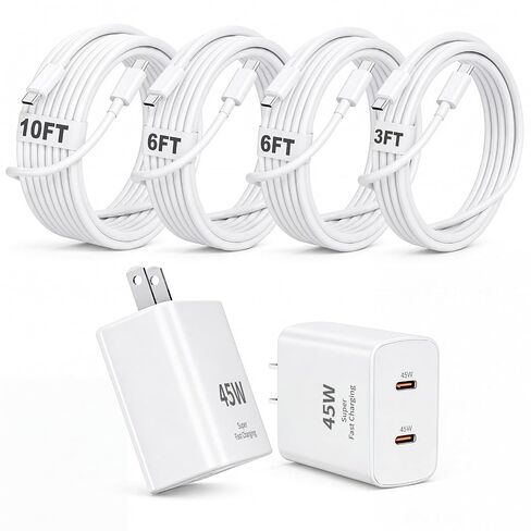 Apple 17e Fast Charging Block,[Apple MFi Certified]45W Dual Port iPhone Charger Fast Charging Plug & 4 Pack 60W USB C Cable Cord[3/6/6/10FT]for iPhone 17/17 Pro/17 Air/16/16 e/16 Pro/16 Plus/15/15 Pro in Kuwait