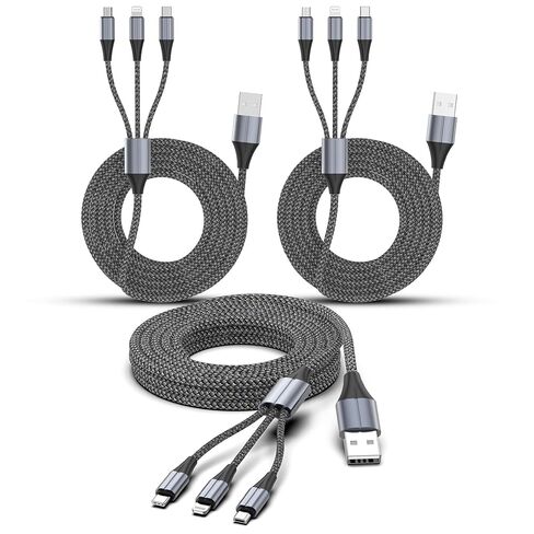 FEEL2NICE 3 in 1 Multi Charging Cable, 3-Pack 6 FT Multiple Device Charger Cord with USB C, Lightning and Micro USB Plugs for iPhone 17 16 15 14, Android Phones and Tablets, Gray in Kuwait