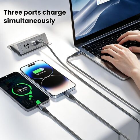 FEEL2NICE 3 in 1 Multi Charging Cable, 3-Pack 6 FT Multiple Device Charger Cord with USB C, Lightning and Micro USB Plugs for iPhone 17 16 15 14, Android Phones and Tablets, Gray in Kuwait
