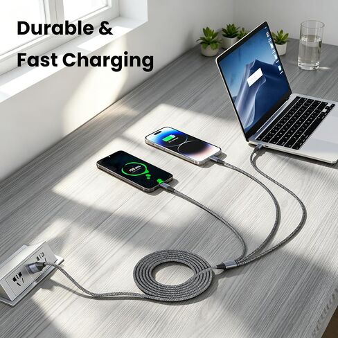 FEEL2NICE 3 in 1 Multi Charging Cable, 3-Pack 6 FT Multiple Device Charger Cord with USB C, Lightning and Micro USB Plugs for iPhone 17 16 15 14, Android Phones and Tablets, Gray in Kuwait