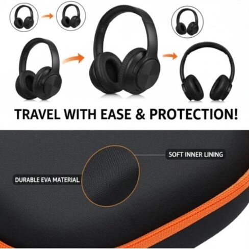 EVA Headphone Case, Hard Shell Travel Organizer,Fits Sony WH-CH720N/WH-CH520, JBL Tune 510BT & More. 8.66x7.87x2.76in. Shockproof EVA Shell, Mesh Pocket for Cables. Black/Orange in Kuwait