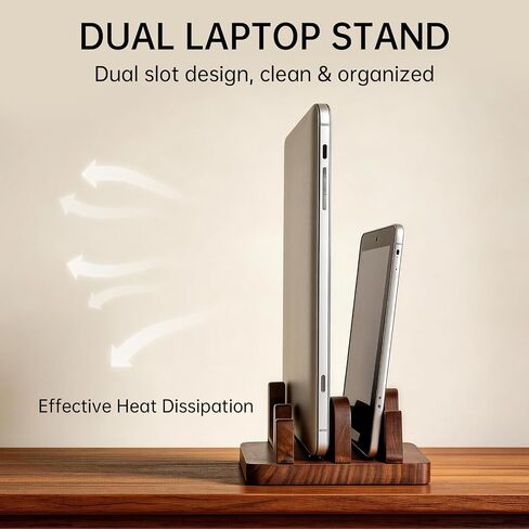 Vertical Laptop Stand for Desk Wood Walnut Adjustable Width Holder Compatible with All MacBook Pro Air HP Dell Surface Organizer Fits 10-30mm Laptops Dual Slot Design in Kuwait