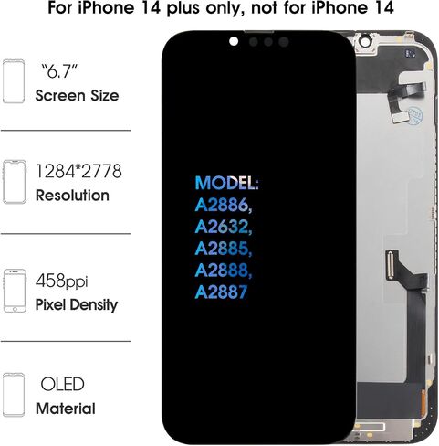 for iPhone 14 Plus OLED Screen Replacement with Proximity Sensor Flex Cable 6.7" Display Assembly Touch Digitizer Repair Kit A2649 A2881 A2884 A2883 A2882 (Hard OLED, Same Notch Size) in Kuwait