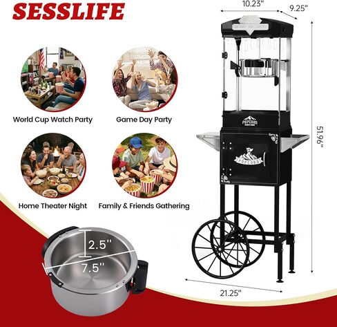 Popcorn Machine, 10 Oz Vintage Popcorn Machine Cart with Wheels, Professional Movie Theater Style Popcorn Popper Makes Up to 40 Cups, Popcorn Maker Machine for Home & Commercial (Onyx Black) in Kuwait