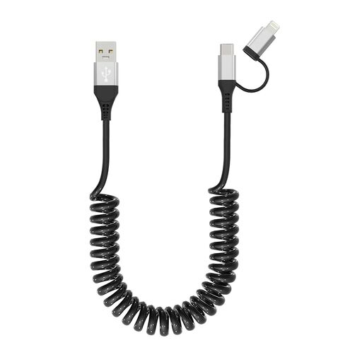 USB to USB-C and Lightning Cable Combo 2 in 1 Coiled Cable Support Apple Carplay & Android Auto [MFi & 3A Fast Charge & Data Sync] Coiled Lightning and USB C Cable for iPhone 17/16/15/14/13/12/Android in Kuwait