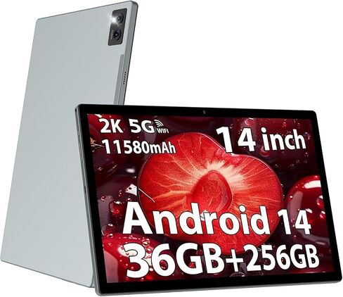 2026 Premium 14 Inch Android Tablet, 2.5K High IPS Display, 36GB RAM 256GB ROM (1TB Expand), Octa-Core MT6769 Mali-G57, 11580mAh Battery, Dual Band WiFi, Quad Box Speakers, 8+13MP, 5G/2.4G WiFi-Silver in Saudi Arabia