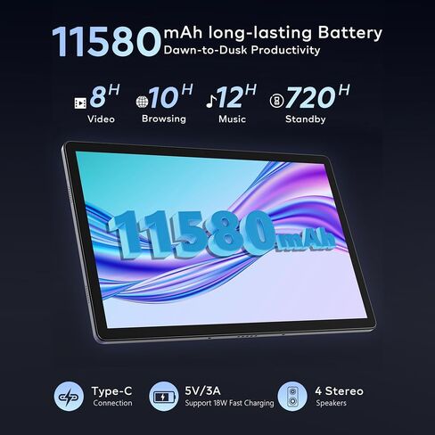 2026 Premium 14 Inch Android Tablet, 2.5K High IPS Display, 36GB RAM 256GB ROM (1TB Expand), Octa-Core MT6769 Mali-G57, 11580mAh Battery, Dual Band WiFi, Quad Box Speakers, 8+13MP, 5G/2.4G WiFi-Silver in Saudi Arabia