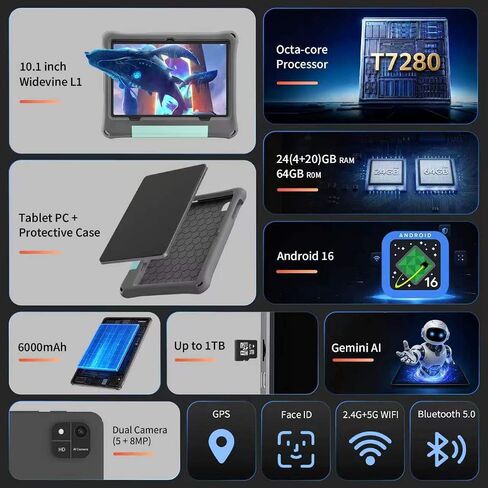 Tablet 10.1 Inch Android 16 Tablet, 24GB RAM 64GB ROM 1TB Expand, Octa‑Core Eletronic Tablet with Case, Gemini AI, Dual Camera, WiFi, HD IPS Display, BT, 6000mAh, Widevine L1, Kids Parental Control in Kuwait