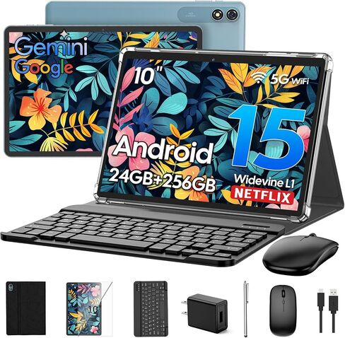 2026 Android tablet 10 inch, Android 15 Tablet with Keyboard, 24GB+256GB+2TB Expand, 2 in 1 Tablets with Gemini AI, 8-Core, 8000mAh, Widevine L1, GMS, Tablets PC with Case, Mouse, Stylus (Black Case) in Kuwait