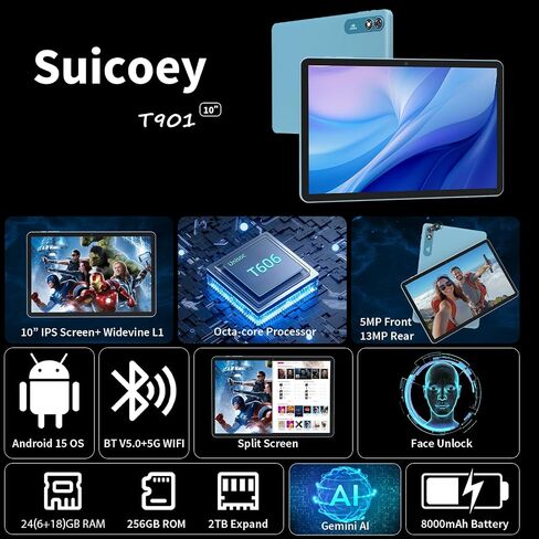 2026 Android tablet 10 inch, Android 15 Tablet with Keyboard, 24GB+256GB+2TB Expand, 2 in 1 Tablets with Gemini AI, 8-Core, 8000mAh, Widevine L1, GMS, Tablets PC with Case, Mouse, Stylus (Black Case) in Kuwait