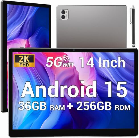 Tablet 14 Inch Android 15 Tablets, 2000*1200 IPS Display Tablets, 256GB Storage(Expand to 2TB) + 36GB,11580 mAh 18W PD Fast Charger, 8 Core CPU,4 Speakers, 5G WiFi, 8+13MP, Tablet with Case - Gray in Kuwait