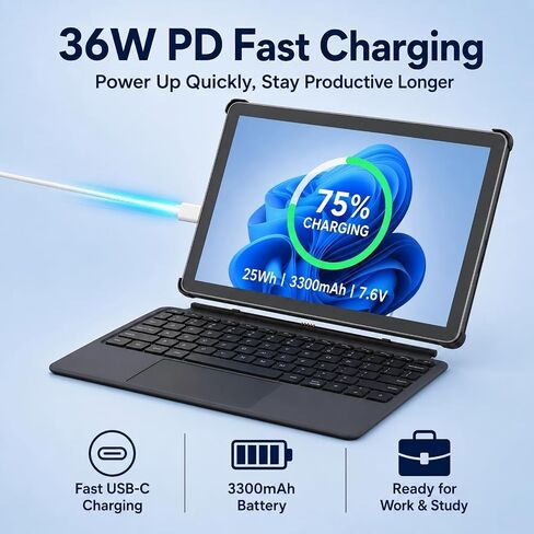 AWOW 10.1" Tablet with Keyboard, 2-in-1 Mini Laptop Tablet PC, Intel N150, 12GB RAM 256GB SSD, in-Cell Display, 36W PD Fast Charging, WiFi 6, BT 5.0, HDMI, Type-C, 8MP+5MP Camera in Kuwait