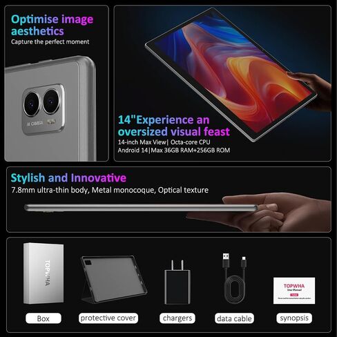 Tablet 14 Inch Android 15 Tablets, 2000*1200 IPS Display Tablets, 256GB Storage(Expand to 2TB) + 36GB,11580 mAh 18W PD Fast Charger, 8 Core CPU,4 Speakers, 5G WiFi, 8+13MP, Tablet with Case - Gray in Kuwait