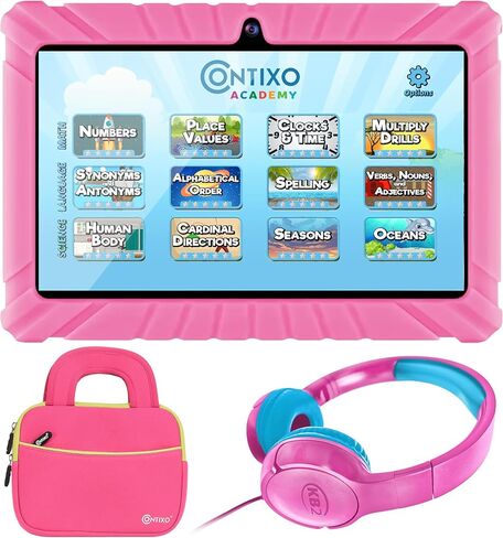 Contixo 7 inch Kids Tablet Bundle - with Headphone & Bag & Tablet for Kids, 32GB, Android 11, Parental Controls, Dual Camera - Purple in Kuwait