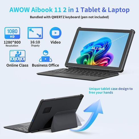 AWOW 10.1" Tablet with Keyboard, 2-in-1 Mini Laptop Tablet PC, Intel N150, 12GB RAM 256GB SSD, in-Cell Display, 36W PD Fast Charging, WiFi 6, BT 5.0, HDMI, Type-C, 8MP+5MP Camera in Kuwait