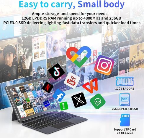 AWOW 10.1" Tablet with Keyboard, 2-in-1 Mini Laptop Tablet PC, Intel N150, 12GB RAM 256GB SSD, in-Cell Display, 36W PD Fast Charging, WiFi 6, BT 5.0, HDMI, Type-C, 8MP+5MP Camera in Kuwait