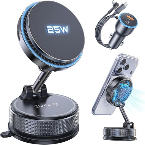 Beeasy 25W Qi2.2 MagSafe Car Mount Charger Built-in Cooling Fan, Upgraded Vacuum Suction Cup 360° Rotation, Magnetic Wireless Car Charger with 63W Adapter for iPhone 17 16 Pro Max Samsung S26 Ultra in Saudi Arabia