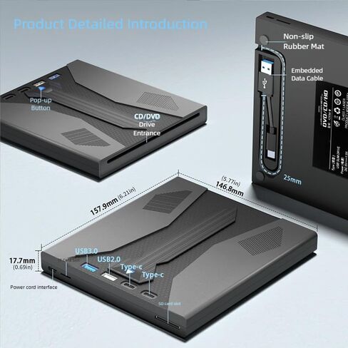 USB3.0 & Type C External Optical Drive, Slot Loading Design, 5Gbps High-Speed for Laptops Tablets PCs External Disc/disc Burners in Kuwait