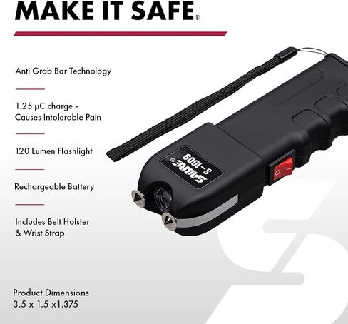SABRE 2-in-1 Stun Gun with Flashlight and Anti-Grab Bar Technology, Painful 1.250 µC Charge, 120 Lumens, Rechargeable Battery, Safety Switch, Includes Wrist Strap and Belt Holster in Saudi Arabia