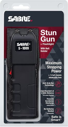 SABRE 2-in-1 Stun Gun with Flashlight and Anti-Grab Bar Technology, Painful 1.250 µC Charge, 120 Lumens, Rechargeable Battery, Safety Switch, Includes Wrist Strap and Belt Holster in Saudi Arabia