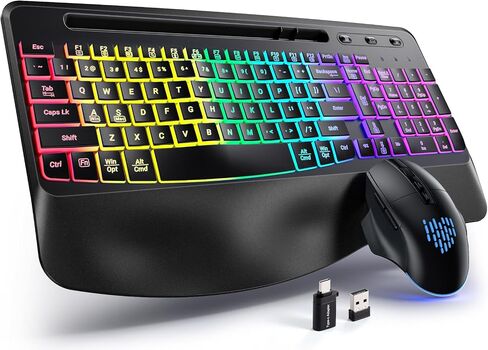Hamile Ergonomic Wireless Keyboard and Mouse Combo, Wave Keys Full Size Keyboards with Wrist Rest for Natural Typing,Quiet Backlit Mice,Phone Holder,2.4G Wireless for Computer/Laptop/Windows/Mac,Black in Saudi Arabia