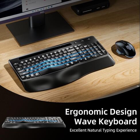 Hamile Ergonomic Wireless Keyboard and Mouse Combo, Wave Keys Full Size Keyboards with Wrist Rest for Natural Typing,Quiet Backlit Mice,Phone Holder,2.4G Wireless for Computer/Laptop/Windows/Mac,Black in Saudi Arabia