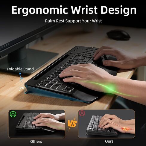 Hamile Ergonomic Wireless Keyboard and Mouse Combo, Wave Keys Full Size Keyboards with Wrist Rest for Natural Typing,Quiet Backlit Mice,Phone Holder,2.4G Wireless for Computer/Laptop/Windows/Mac,Black in Saudi Arabia