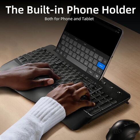 Hamile Ergonomic Wireless Keyboard and Mouse Combo, Wave Keys Full Size Keyboards with Wrist Rest for Natural Typing,Quiet Backlit Mice,Phone Holder,2.4G Wireless for Computer/Laptop/Windows/Mac,Black in Saudi Arabia