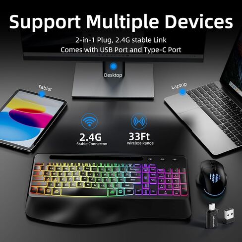 Hamile Ergonomic Wireless Keyboard and Mouse Combo, Wave Keys Full Size Keyboards with Wrist Rest for Natural Typing,Quiet Backlit Mice,Phone Holder,2.4G Wireless for Computer/Laptop/Windows/Mac,Black in Saudi Arabia