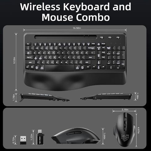 Hamile Ergonomic Wireless Keyboard and Mouse Combo, Wave Keys Full Size Keyboards with Wrist Rest for Natural Typing,Quiet Backlit Mice,Phone Holder,2.4G Wireless for Computer/Laptop/Windows/Mac,Black in Saudi Arabia