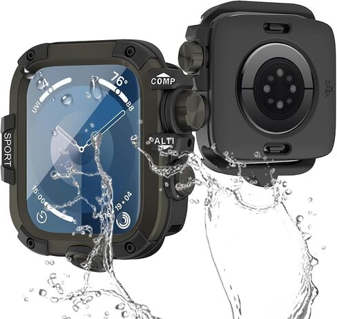 3 in 1 Waterproof Case Compatible for Apple Watch Series 9/8/7 45mm Screen Protector, Alloy Rugged Face Cover with 9H Tempered Glass & Hard PC Back Case for iWatch 9/8/7-Black+Silver in Kuwait