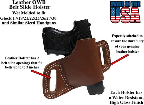 Bluestone Safety Leather OWB Belt Slide Holster - Wet Molded and Compatible with Glock 17 19 21 22 23 26 27 30 and Similar Sized Handguns | On The Waistband Leather Handgun Holster (Right Handed) in Kuwait
