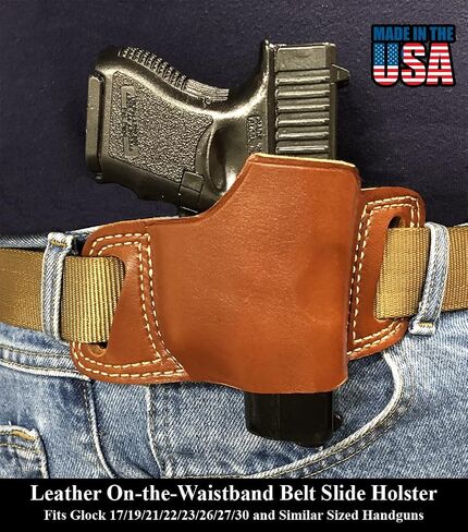 Bluestone Safety Leather OWB Belt Slide Holster - Wet Molded and Compatible with Glock 17 19 21 22 23 26 27 30 and Similar Sized Handguns | On The Waistband Leather Handgun Holster (Right Handed) in Kuwait
