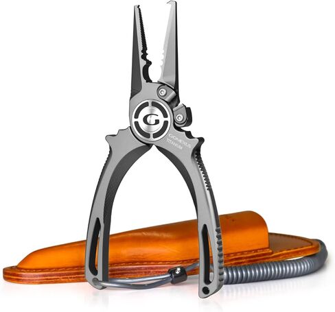 GOMEXUS Fishing Pliers Saltwater with Side Cutters, Never Rust Inshore & Nearshore Titanium Fishing gear with Lanyard & Leather Sheath, Hook Remover, (7'' Split Ring Nose) in Kuwait