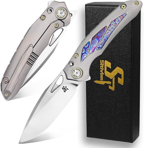 Sitivien ST888 Folding Knife, M390 Steel Blade Titanium and Timascus Inlaid Handle Knife with Safety Lock Frame Lock for Outdoor Camping, Hiking, Survival in Kuwait