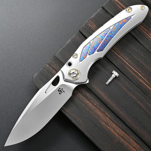 Sitivien ST888 Folding Knife, M390 Steel Blade Titanium and Timascus Inlaid Handle Knife with Safety Lock Frame Lock for Outdoor Camping, Hiking, Survival in Kuwait
