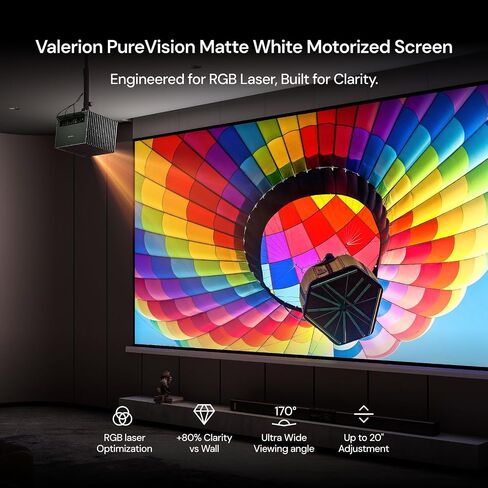 Valerion 100" PureVision Motorized Projector Screen, Laser Speckle Reduction, Auto-Sync with Projector, 4K/8K UHD Ready, 20" Adjustable Drop, Black Backing for Enhanced Contrast, Long Throw Only in Kuwait