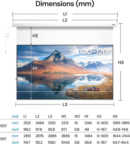 Valerion 100" PureVision Motorized Projector Screen, Laser Speckle Reduction, Auto-Sync with Projector, 4K/8K UHD Ready, 20" Adjustable Drop, Black Backing for Enhanced Contrast, Long Throw Only in Kuwait