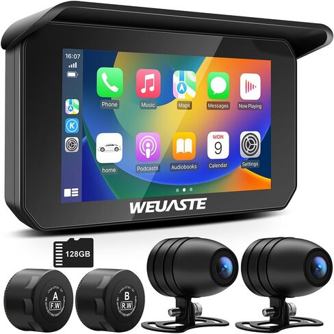 Motorcycle Carplay (Includes 128G SD Card) with Dual Cameras, TPMS, 5.5" Wireless Carplay & Android Auto, GPS Navigation System for Motorbike, 2K Dash Cam, G-Sensor, Bluetooth, IP67 Waterproof in Kuwait