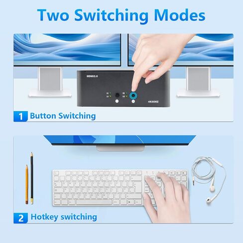 KVM Switch 2 Monitors 2 Computers, HDMI 4K@60Hz KVM Switch with USB3.0, 2 Computers Share One Set of Keyboard, Mouse and Monitors, Supports Windows/Mac/Linux in Kuwait