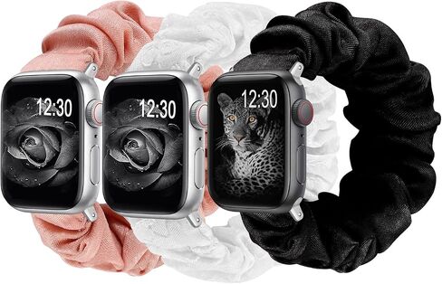 TOYOUTHS 3 Pack Compatible with Apple Watch Band Scrunchies Women 38/40/41/42mm Cute Stretchy Elastic Cloth Fabric Strap Bracelet for iWatch Series 11 10 9 8 7 6 5 4 SE 3 2 1, Black/Leopard/Pink, S in Saudi Arabia