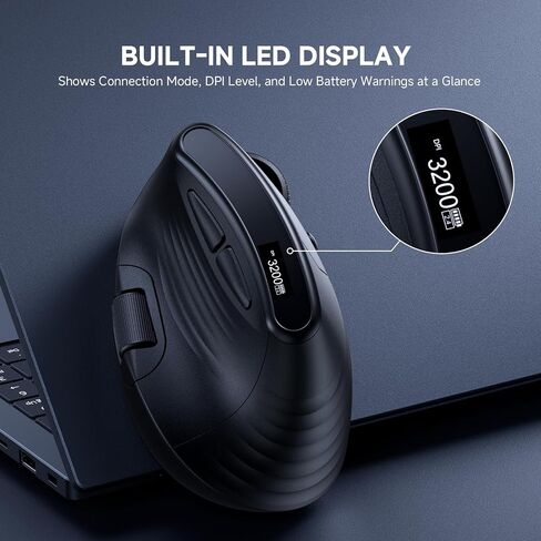 ECHTPower Ergonomic Vertical Mouse, Wireless Rechargeable Mouse with LED Display, 7-Level Adjustable DPI up to 8000, Silent & Programmable Buttons, Multi-Device Connection for PC/Mac/Laptop in Kuwait