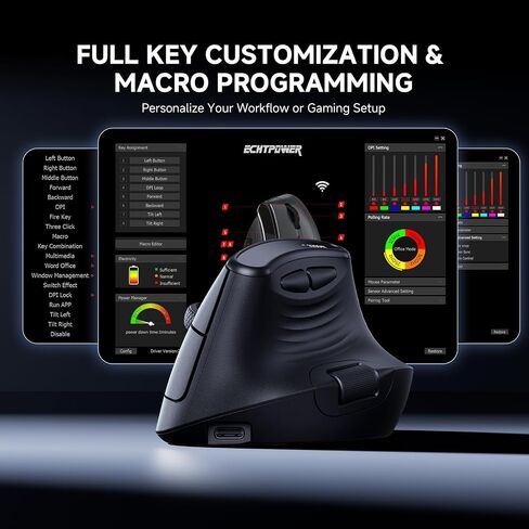 ECHTPower Ergonomic Vertical Mouse, Wireless Rechargeable Mouse with LED Display, 7-Level Adjustable DPI up to 8000, Silent & Programmable Buttons, Multi-Device Connection for PC/Mac/Laptop in Kuwait