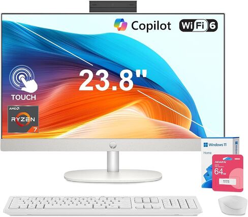 HP 24" FHD Touchscreen All-in-One Desktop Computer, AMD Ryzen 7 7730U, 32GB RAM, 1TB SSD, AMD Radeon Graphics, Wireless Mouse & Keyboard, Bundle with 64GB Flash Drive, Windows 11 Home in Kuwait