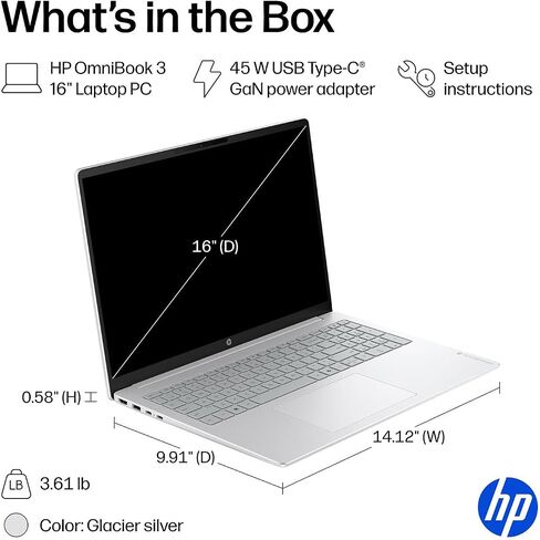 HP OmniBook 16" 2K Touchscreen Business Laptop AI PC, AMD Ryzen 5, 8 GB RAM, 128 GB PCle SSD, Copilot Key, Windows 11, Glacier Silver in Kuwait