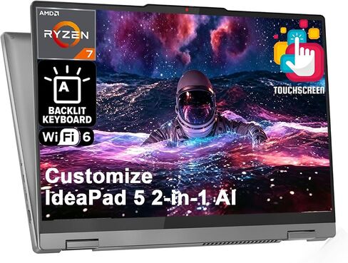 Delca Customized Laptop Made with Lenovo IdeaPad 5 2-in-1 AI Lightweight Laptop | 16" WUXGA IPS Touchscreen | AMD 8-core Ryzen 7 8845HS | 16GB DDR5 1TB/2TB/4TB SSD | Backlit Privacy Camera Win 11 in Kuwait