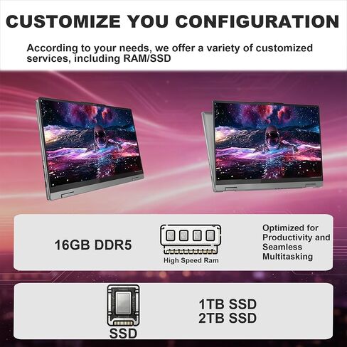 Delca Customized Laptop Made with Lenovo IdeaPad 5 2-in-1 AI Lightweight Laptop | 16" WUXGA IPS Touchscreen | AMD 8-core Ryzen 7 8845HS | 16GB DDR5 1TB/2TB/4TB SSD | Backlit Privacy Camera Win 11 in Kuwait